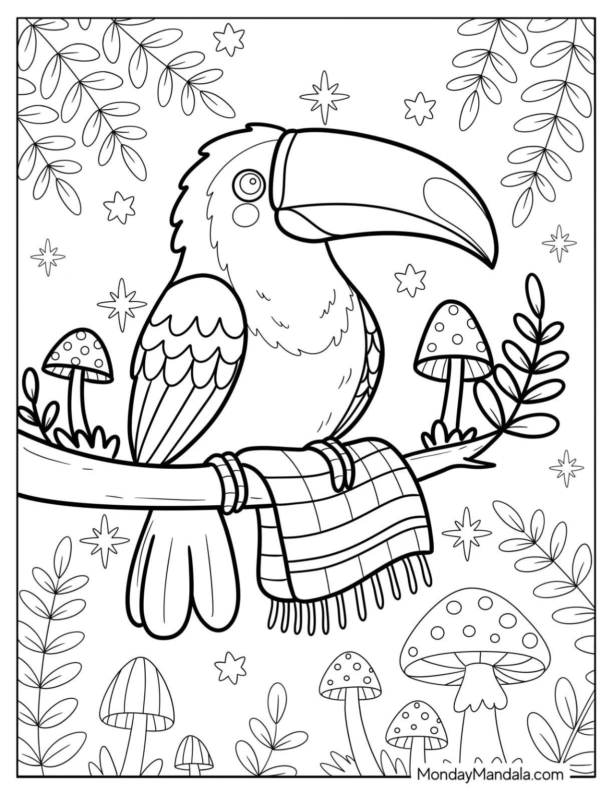 Toucan Coloring Page Perched on a Branch with Mushrooms and Folded Cloth coloring page