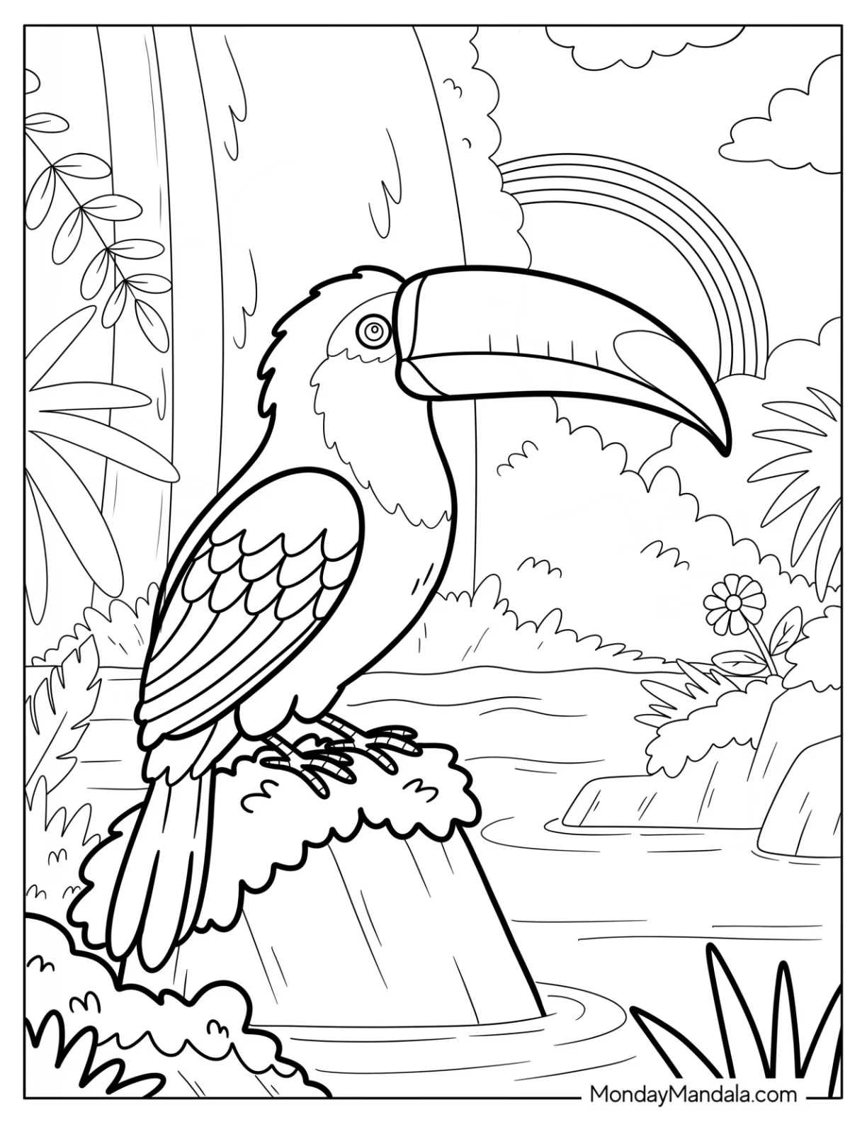 Toucan Coloring Page Perched on a Rock by a Waterfall with Rainbow coloring page