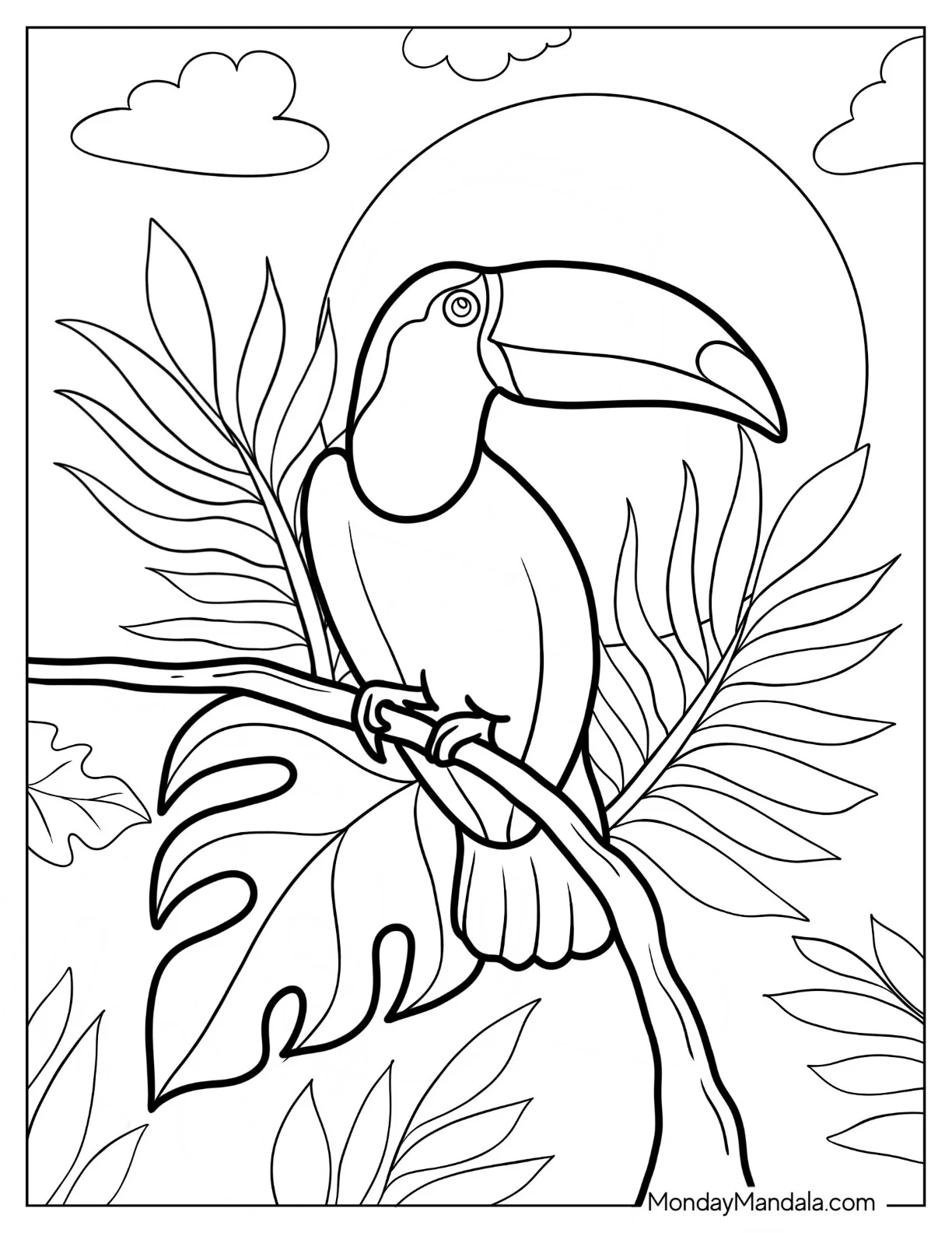Toucan Coloring Page Perched On Branch In Front Of Sun coloring page