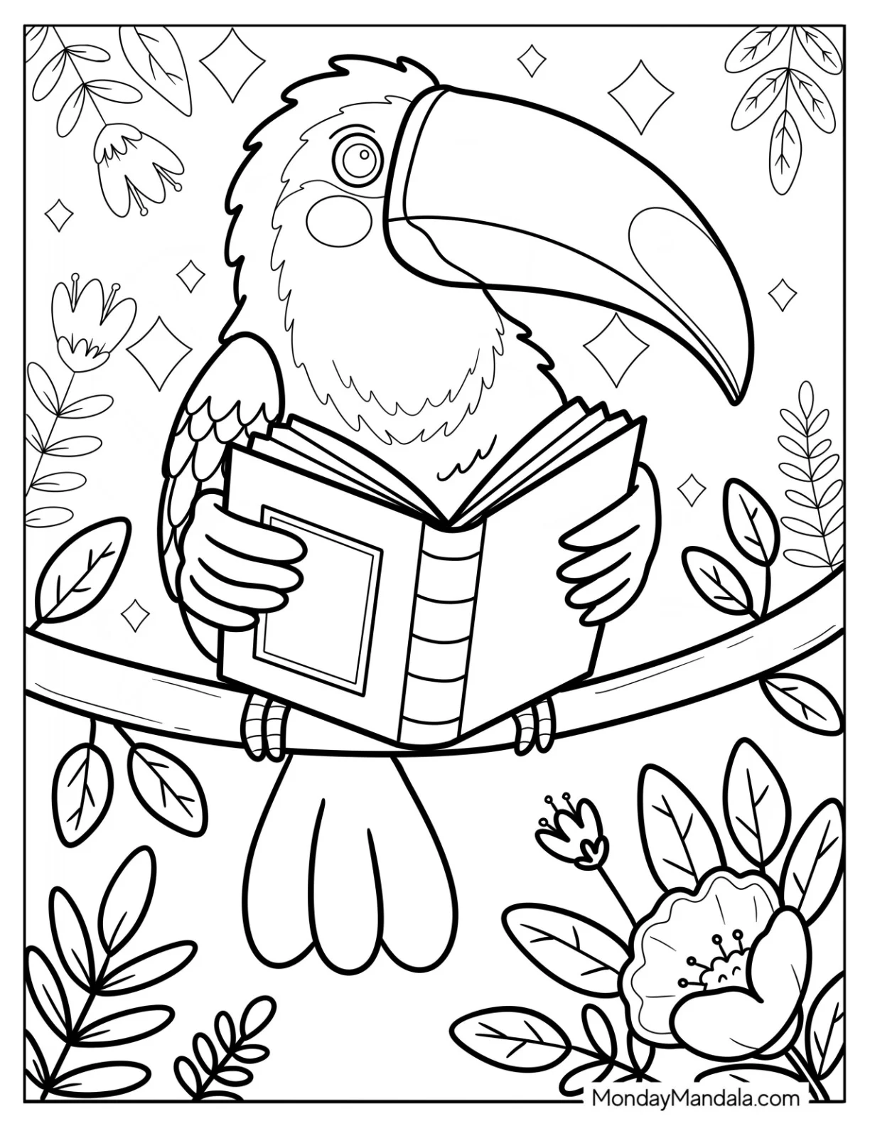 Toucan Coloring Page Reading a Book inn the Jungle with Sparkles coloring page — printable line art