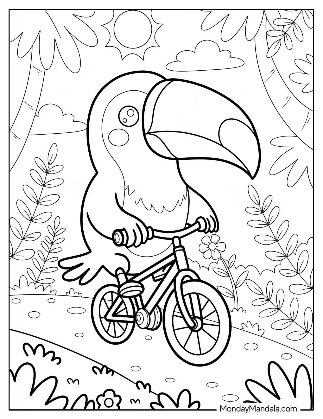 Toucan Coloring Page Riding a Bicycle in the Park for Kids coloring page