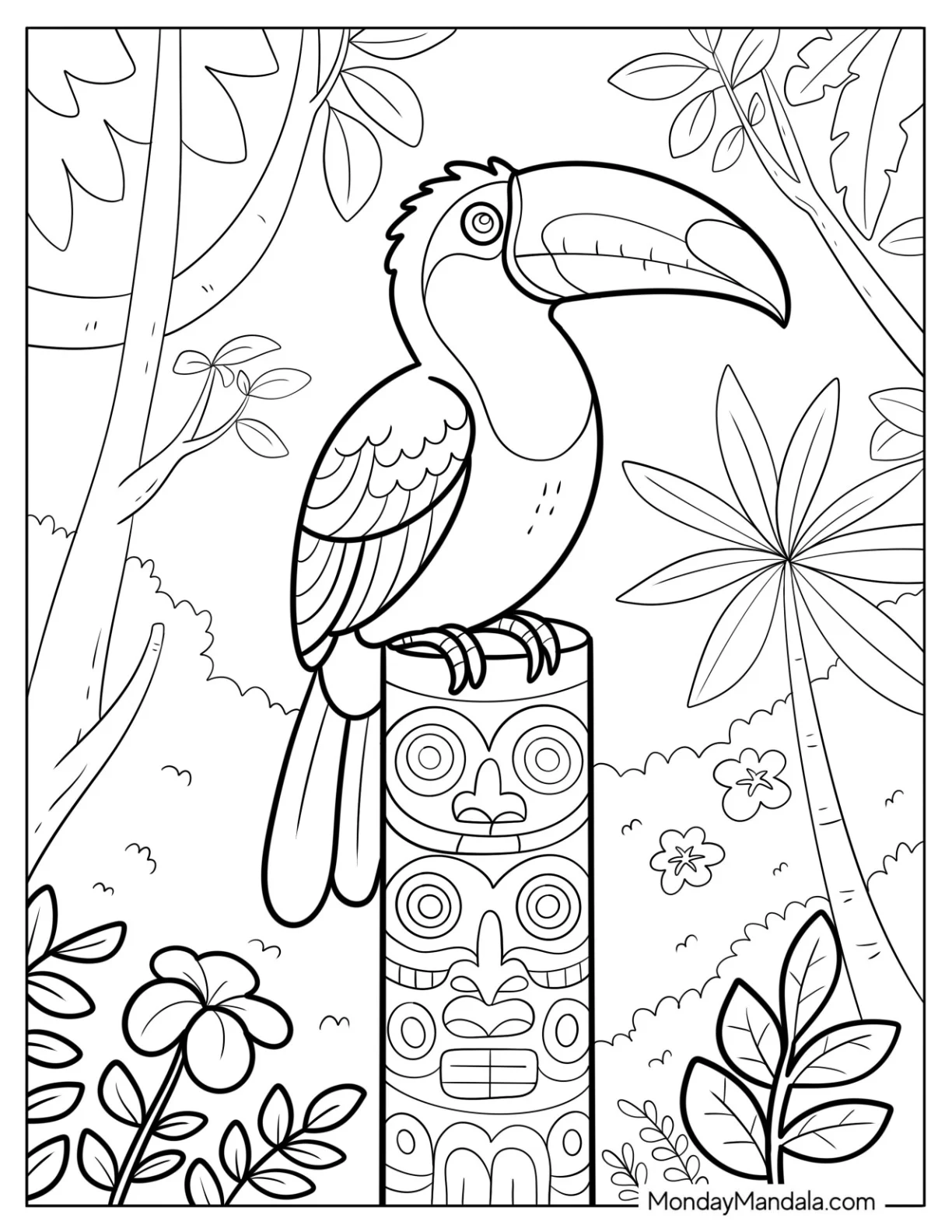 Toucan Coloring Page Sitting on a Tiki Totem in the Jungle Coloring Page coloring page