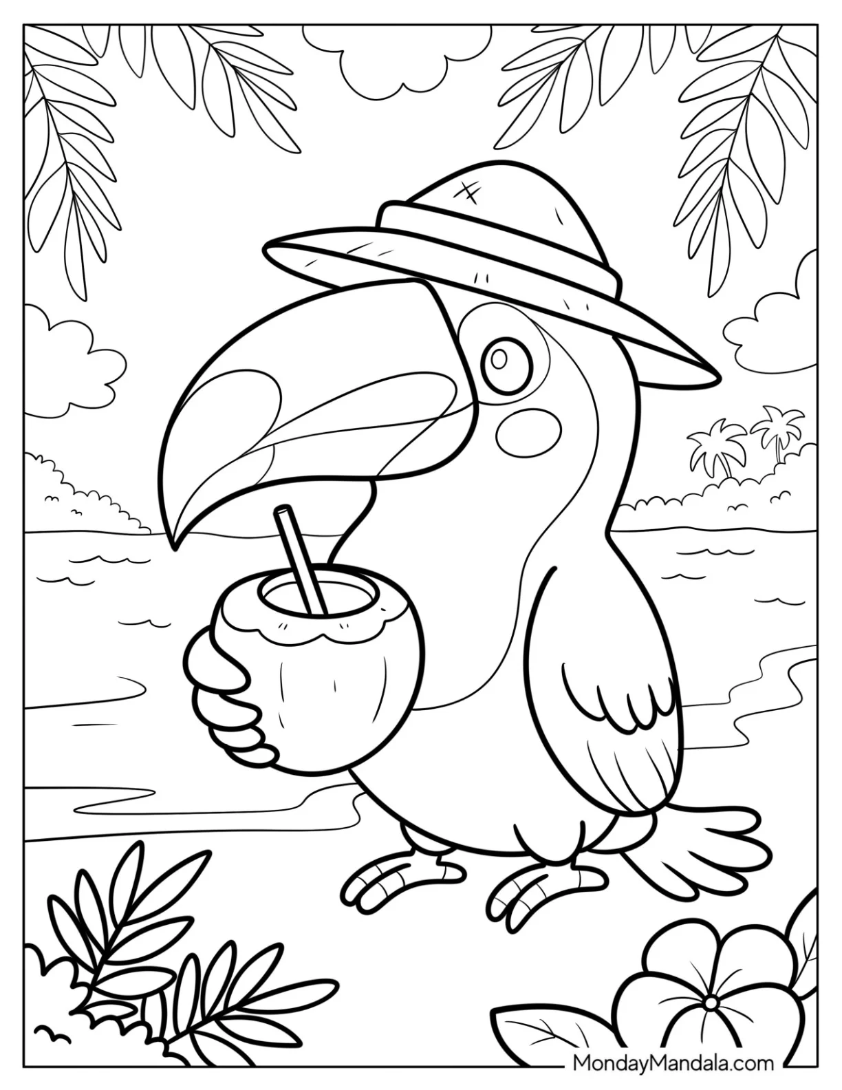 Toucan Coloring Page with Straw Hat and Coconut Drink at the Beach coloring page