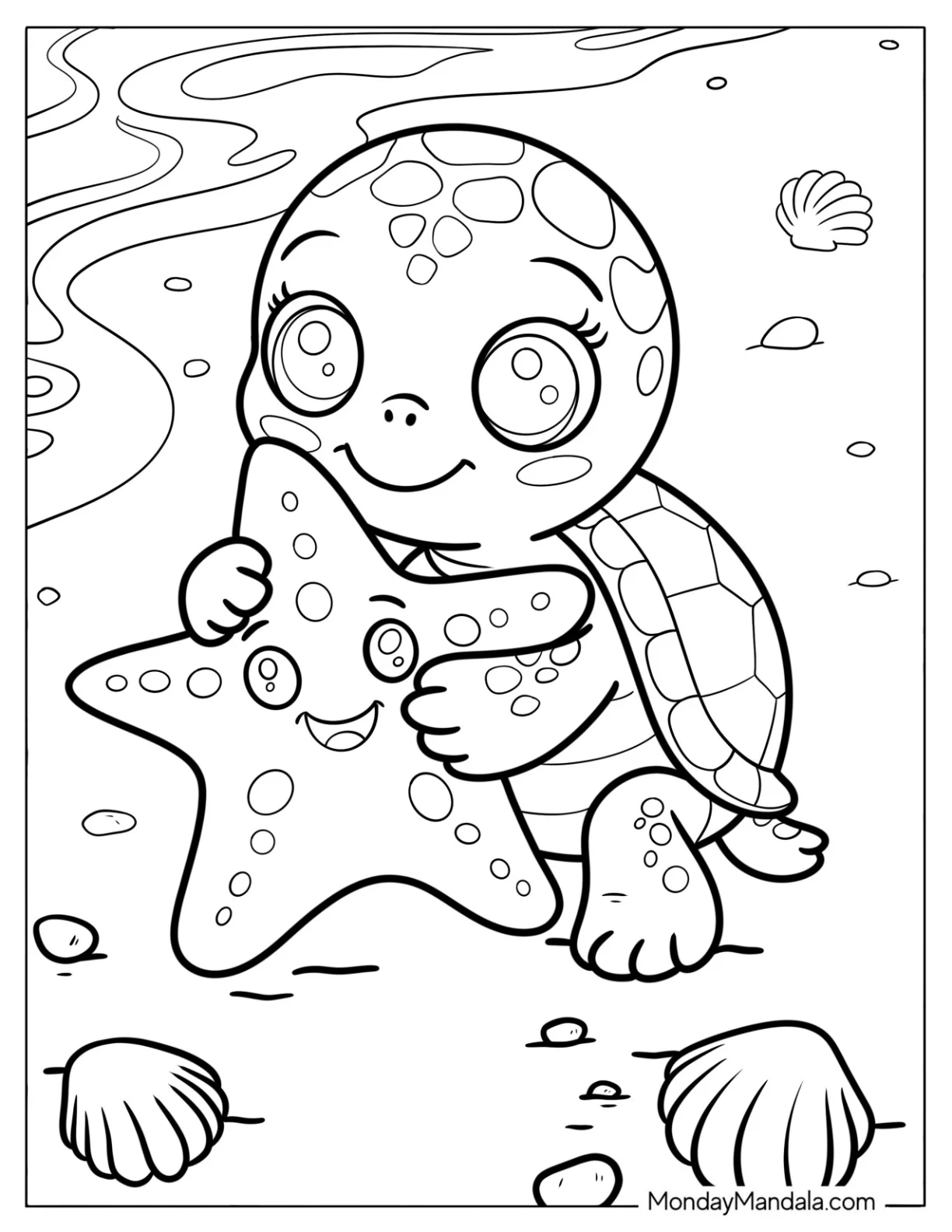 Adorable Turtle Coloring Page Hugging a Starfish for Kids coloring page