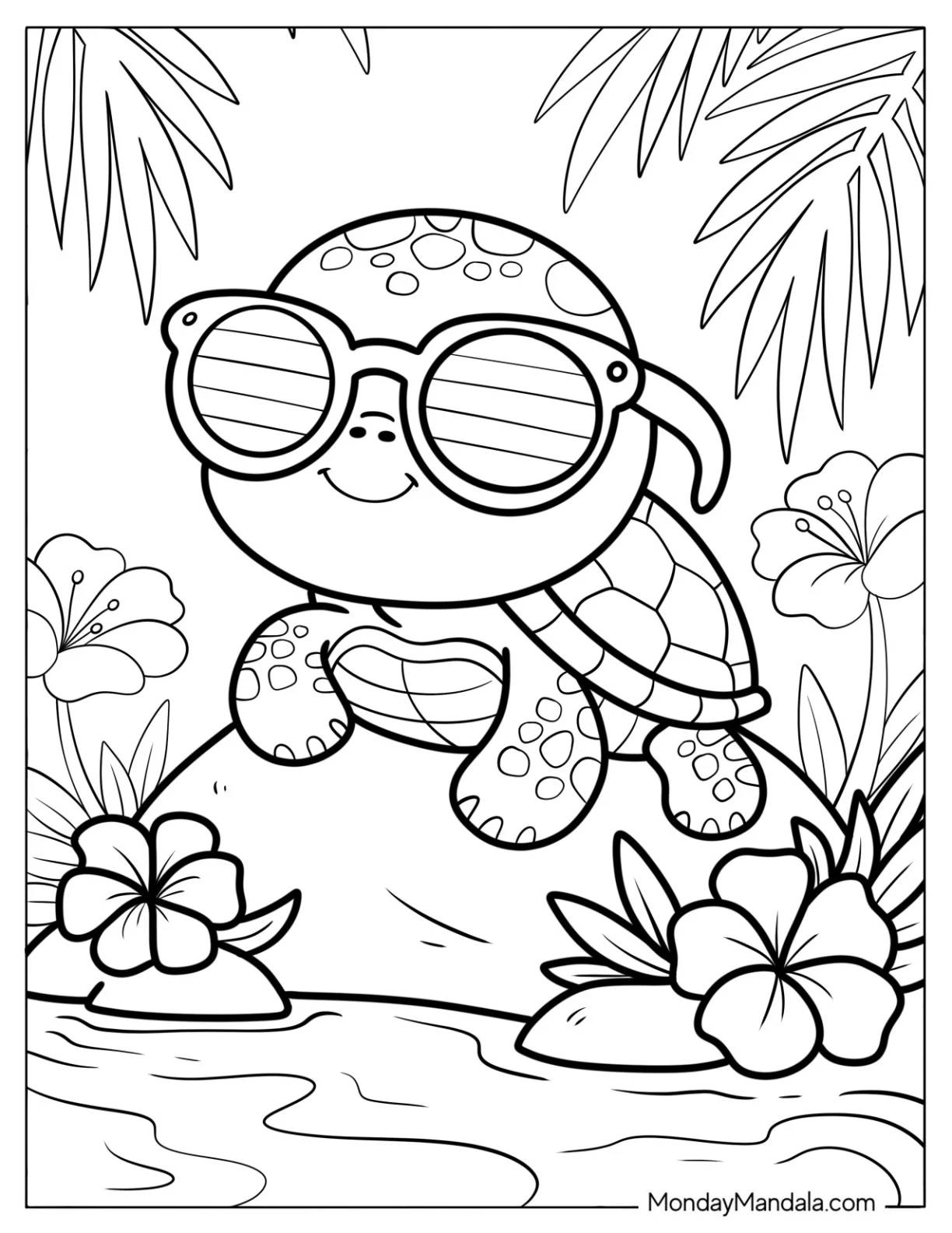 Baby Turtle Coloring Page with Sunglasses Sitting on a Rock for Preschoolers coloring page