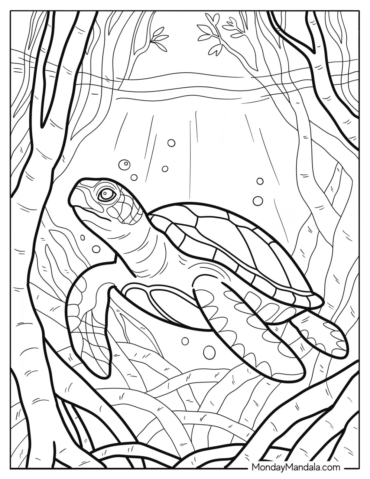 Calm Turtle Coloring Page in the Sea Swimming Through Seaweed coloring page