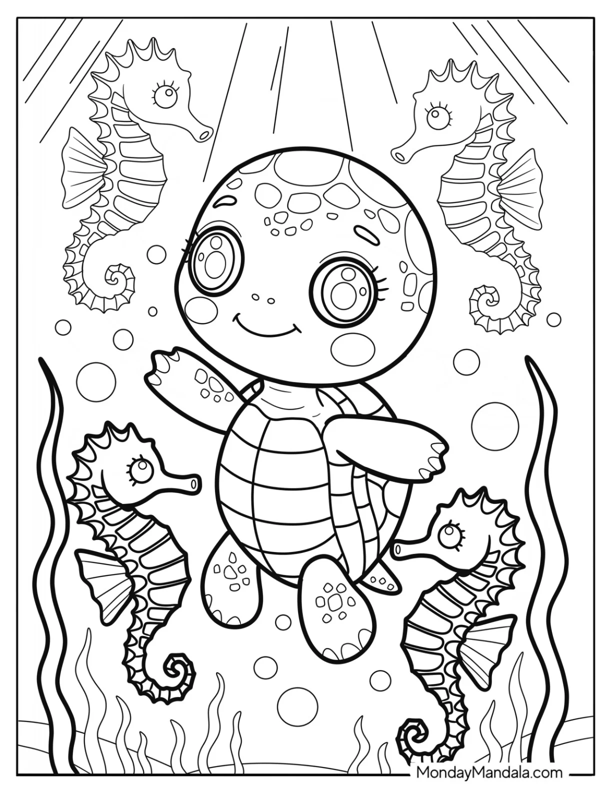 Cartoon Turtle Coloring Page Dancing with Seahorses for Kids coloring page