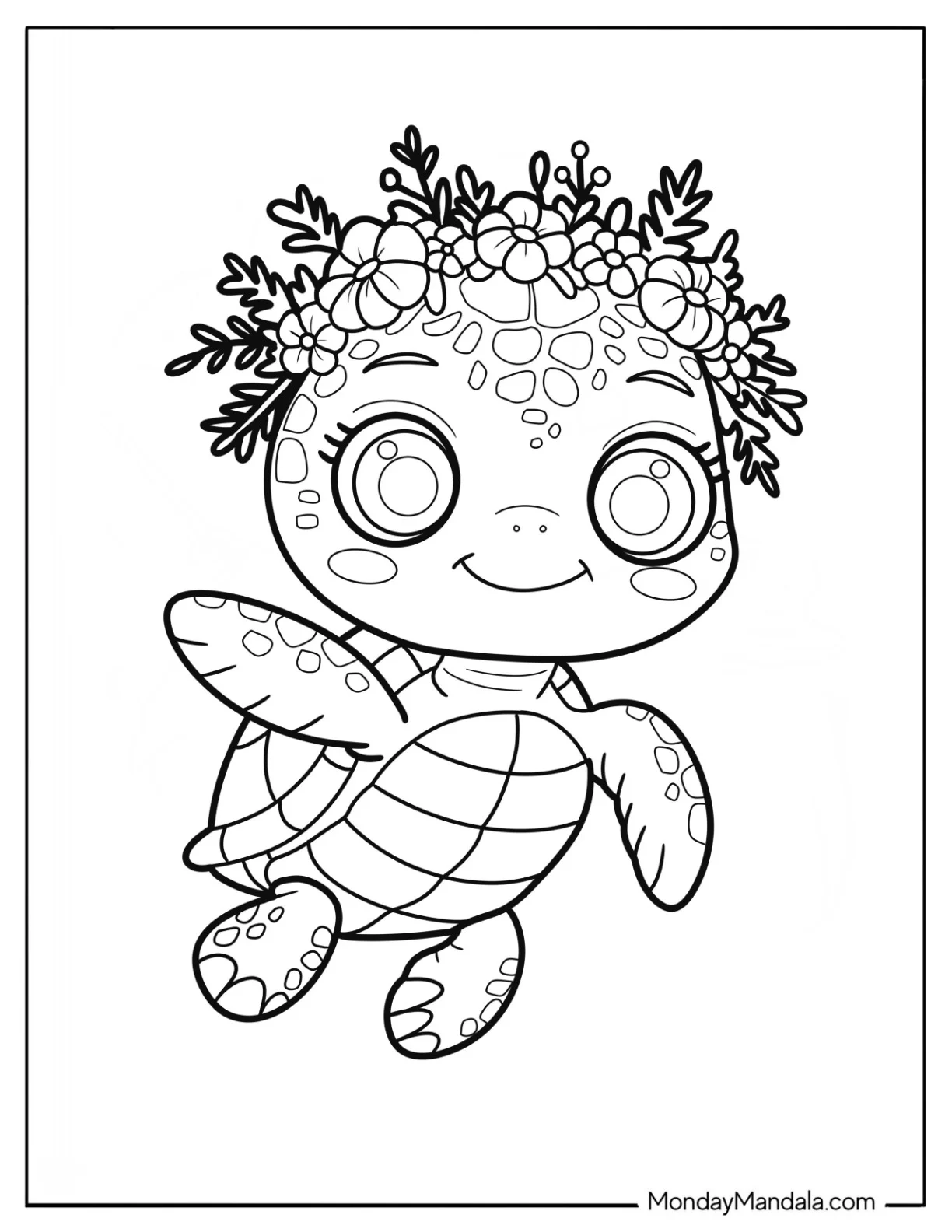 Chibi Turtle Coloring Page with Flower Crown for Preschoolers coloring page