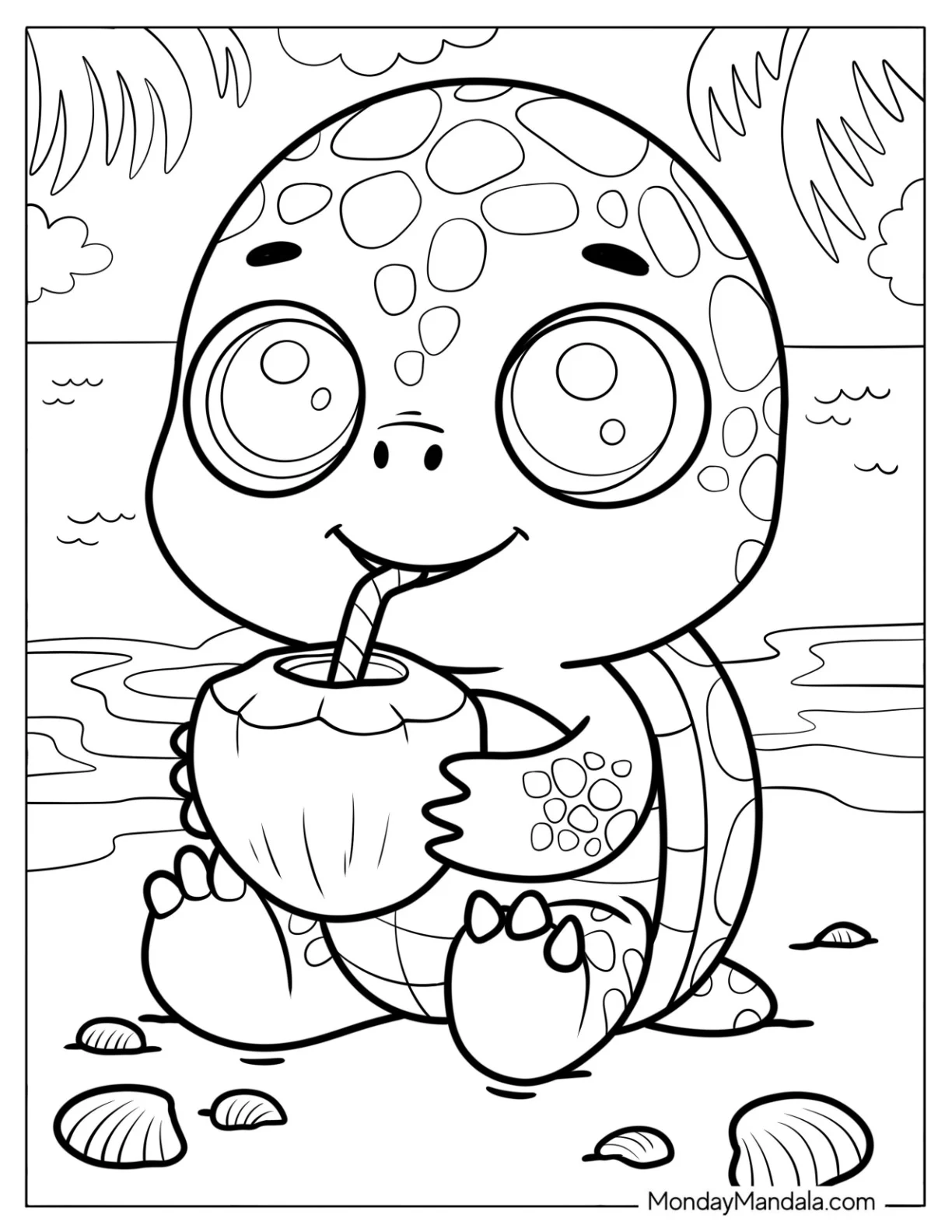 Cute Little Turtle Coloring Page Drinking Coconut Juice for Kids coloring page