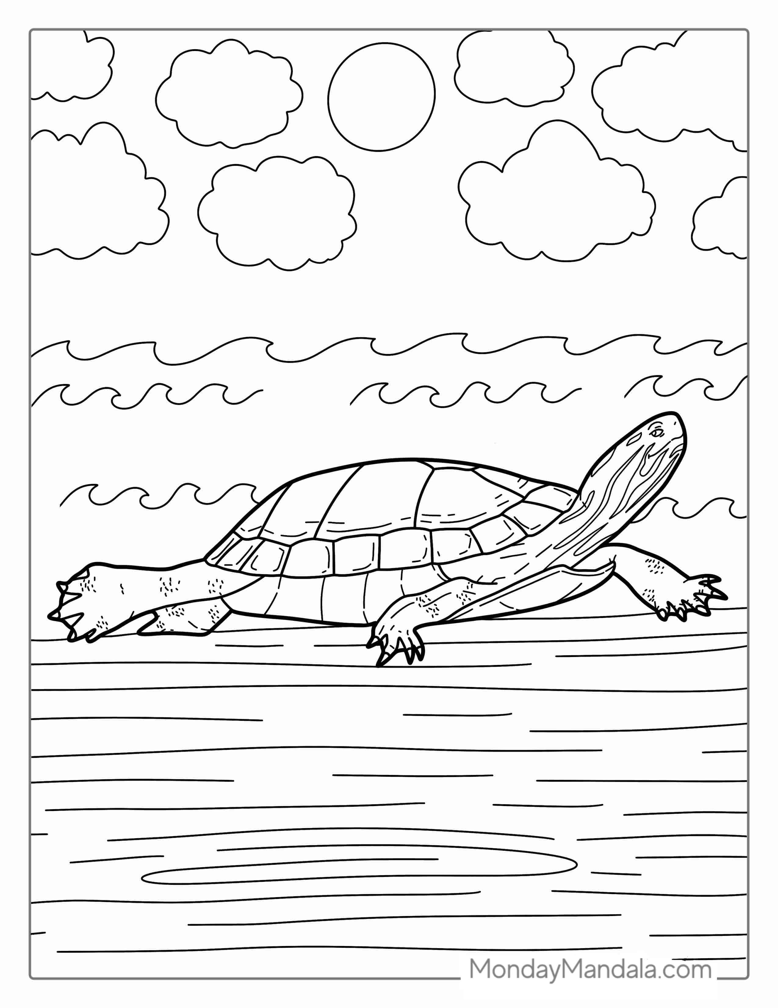 Eastern River Turtle Resting On Log coloring page — printable line art