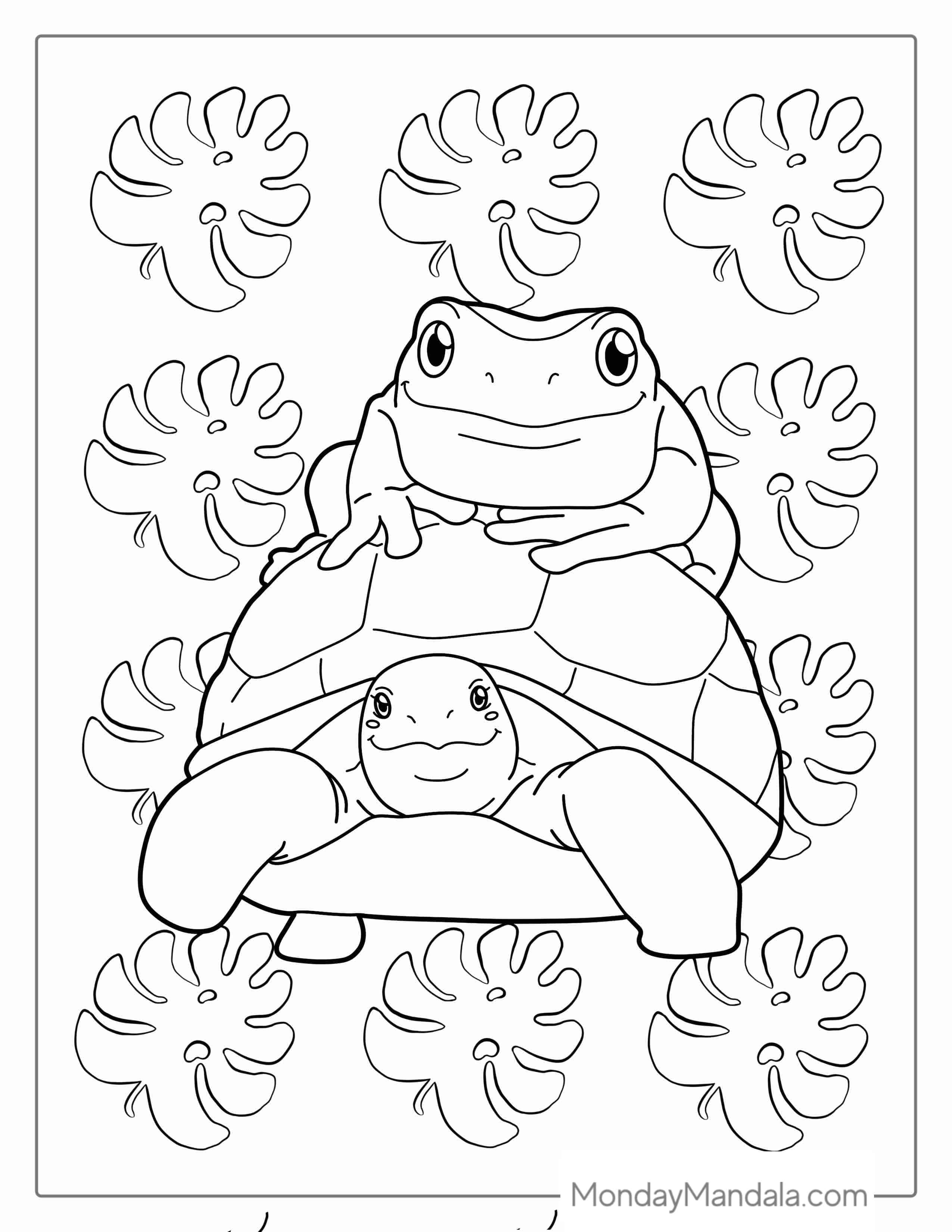 Frog Sitting On Turtle Coloring Page coloring page — printable line art