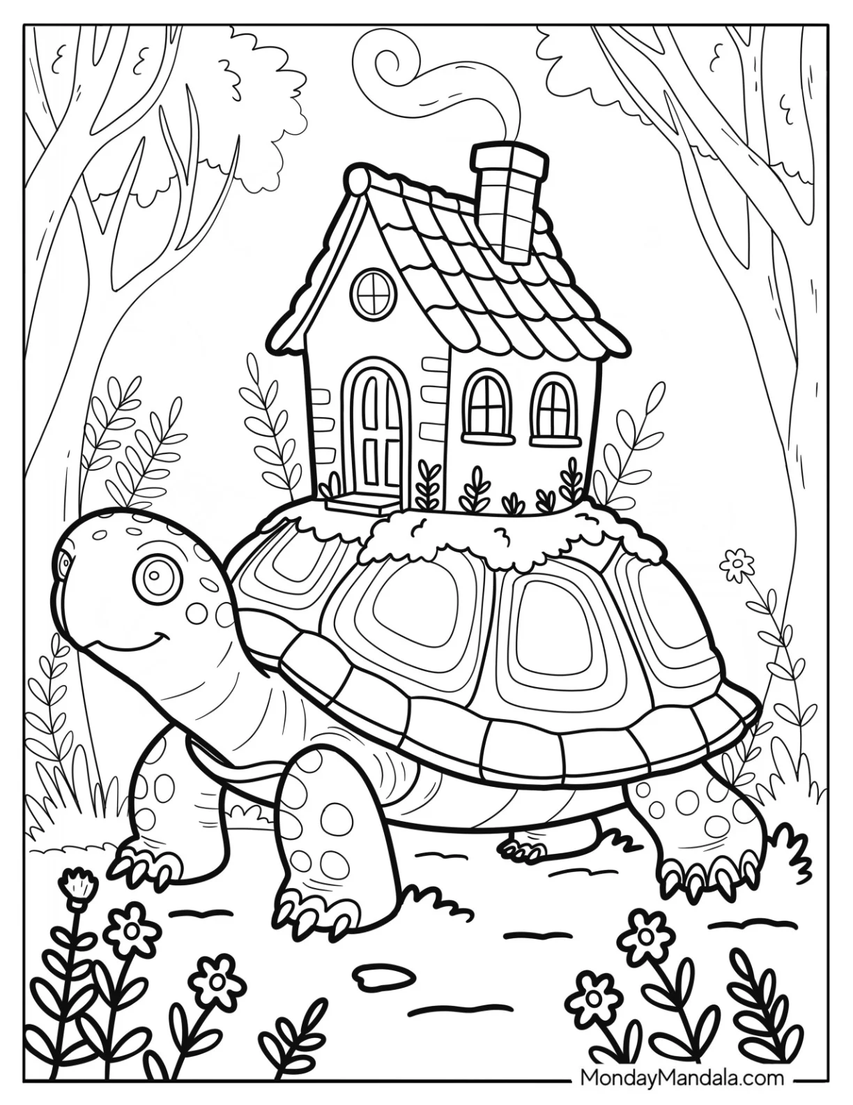 Happy Turtle Coloring Page Carrying a Tiny House on Its Back coloring page