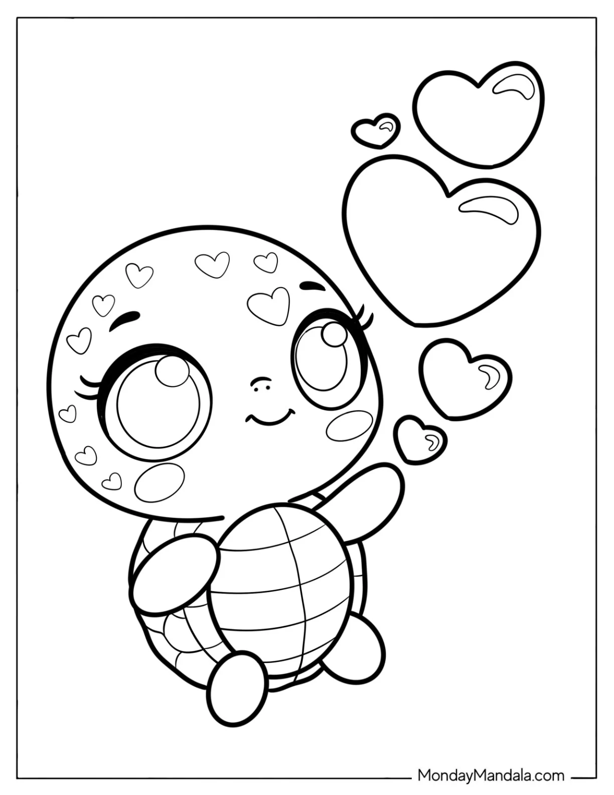 Kawaii Turtle Coloring Page  with Love Hearts for Preschoolers coloring page — printable line art
