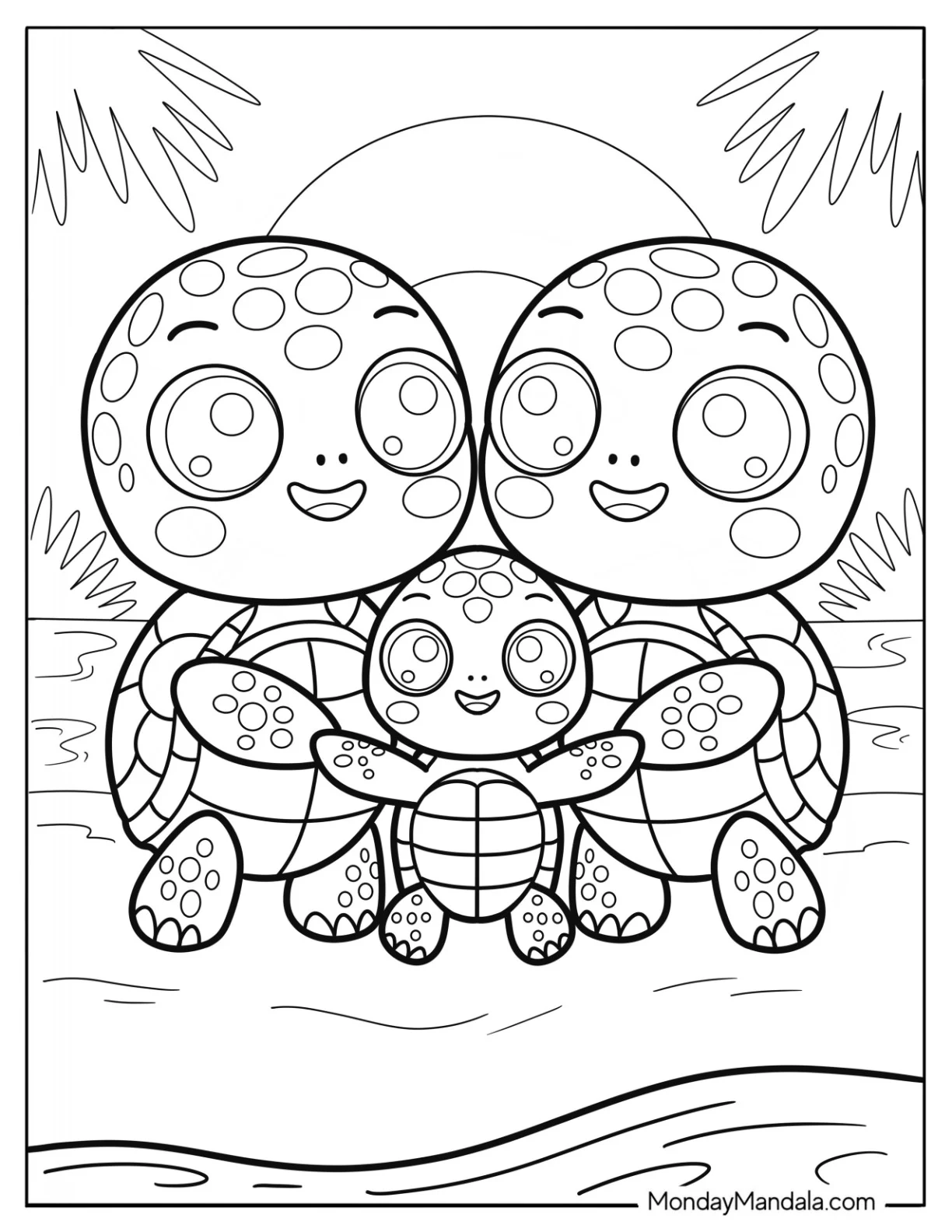 Mother and Father Turtle Coloring Page Hugging Baby Turtle at the Beach coloring page — printable line art