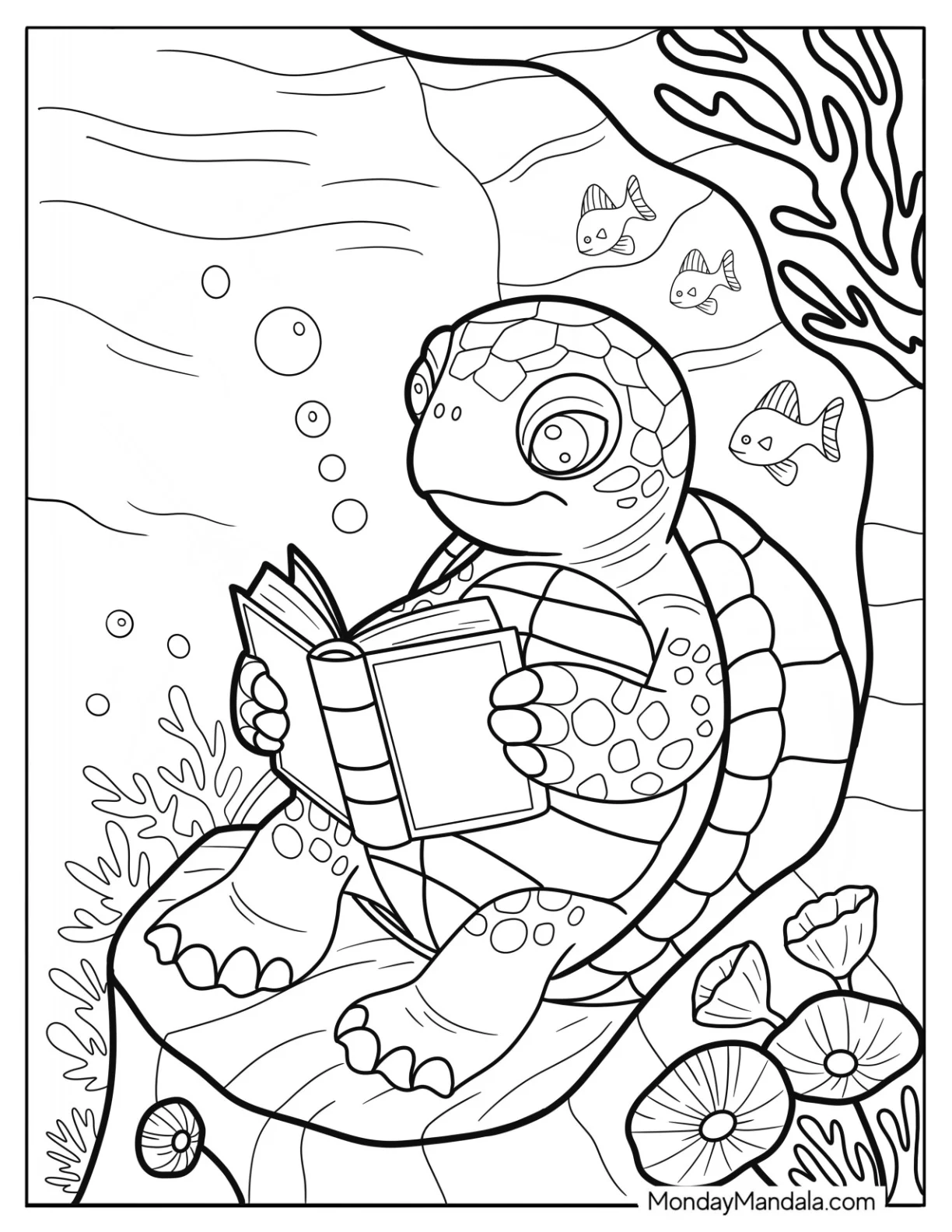 Nerdy Turtle Coloring Page Reading a Book coloring page — printable line art
