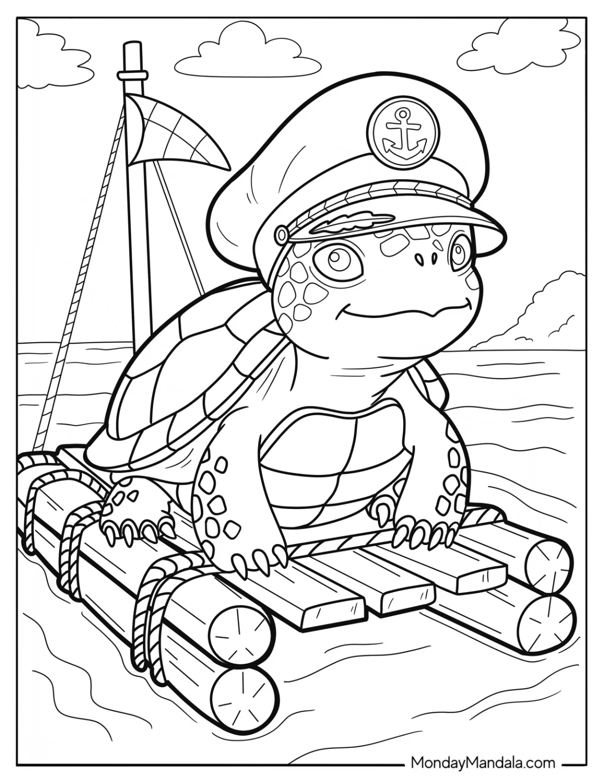 Sailor Turtle Coloring Page on a Raft at Sea for Kids coloring page