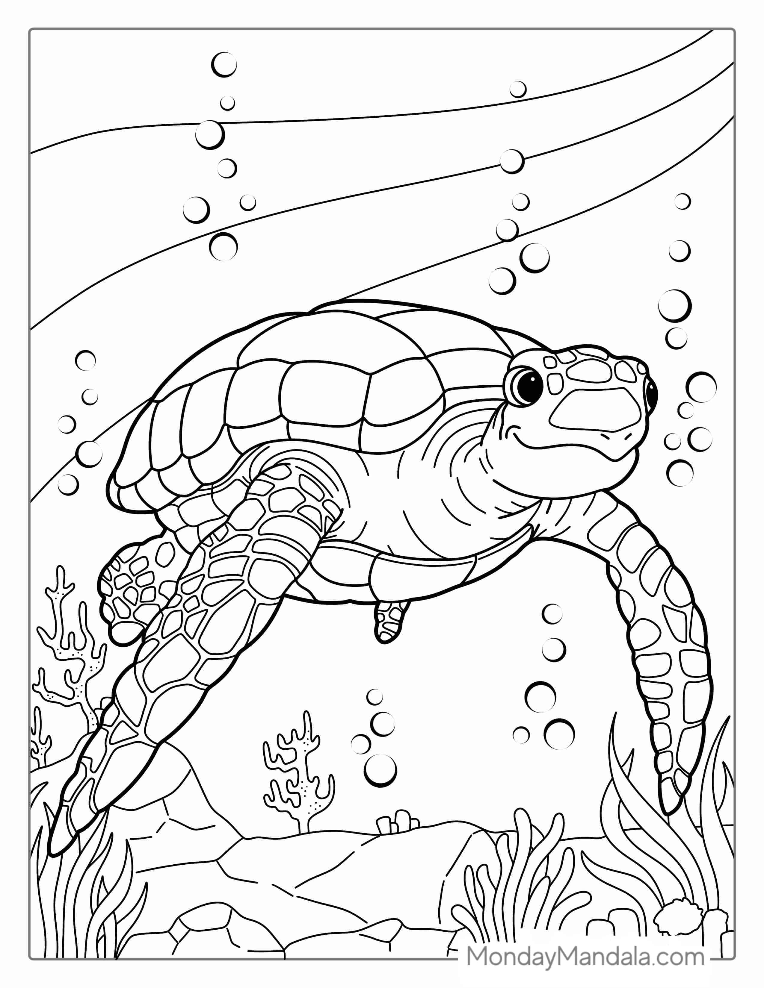 Smiling Turtle Swimming Under Water coloring page — printable line art