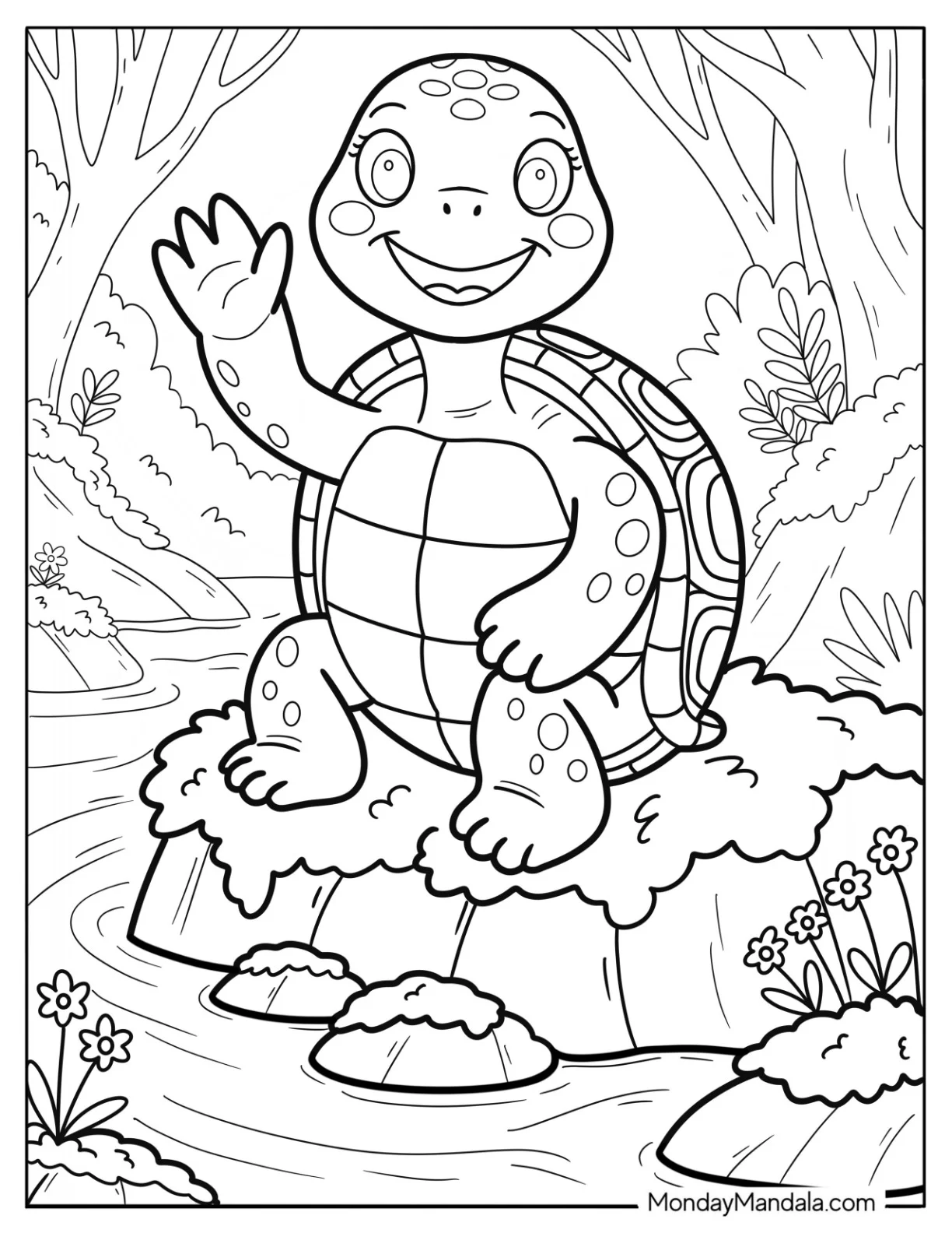 Turtle Coloring Page Sitting by a River and Waving coloring page