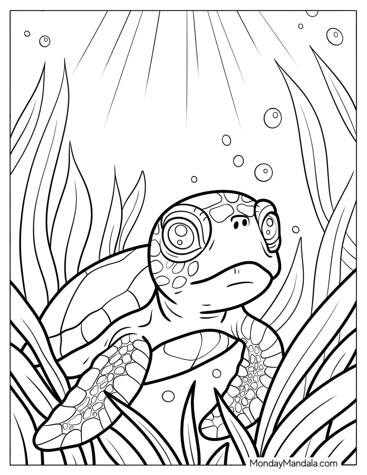 Young Turtle Coloring Page Swimming Through Seaweed coloring page — printable line art
