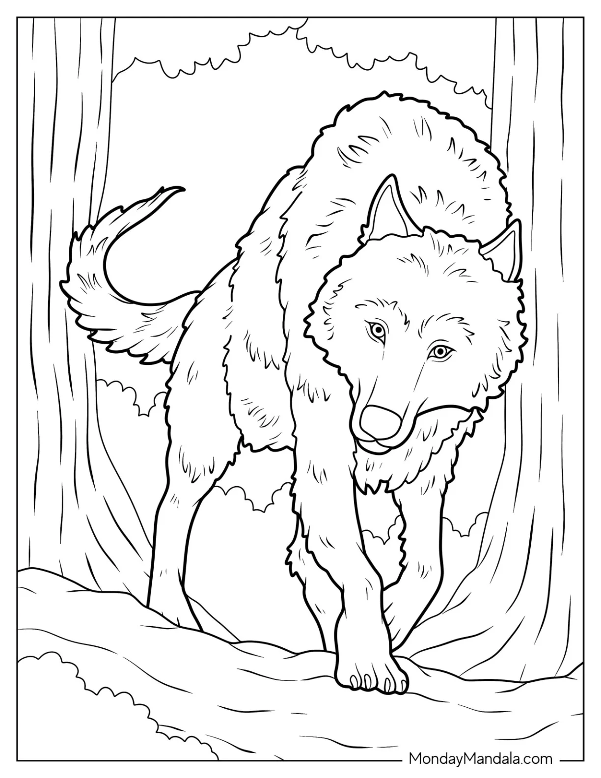 Alpha Wolf Coloring Page Emerging From Trees coloring page
