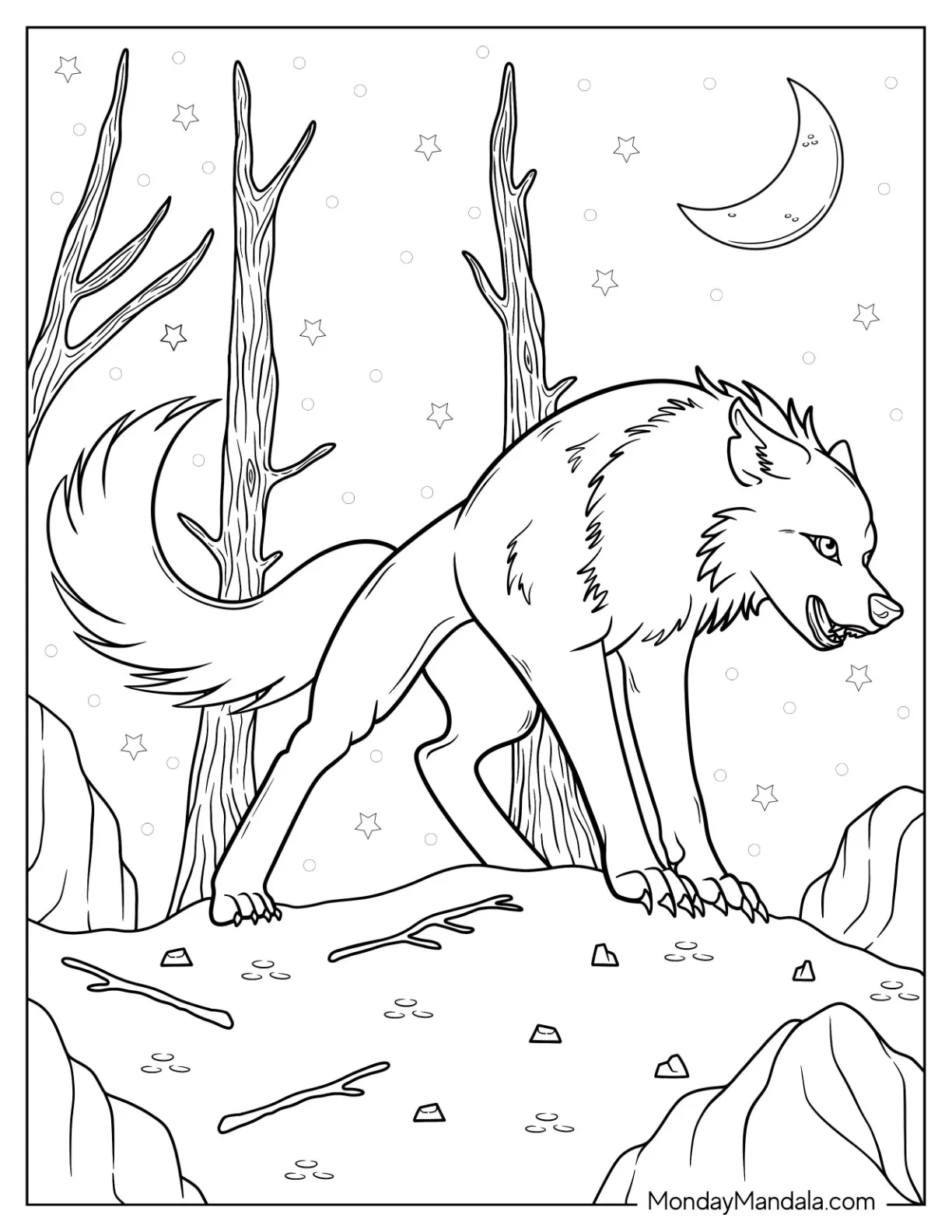 Big Scary Wolf Coloring Page At Night For Kids coloring page