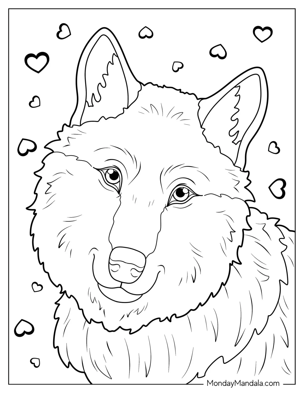 Close Up Of Fluffy Wolf Coloring Page With Hearts For Kids coloring page