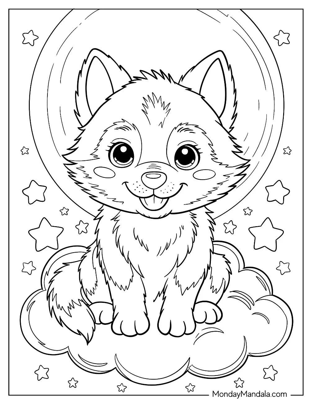 Cute Baby Wolf Coloring Page Pup Sitting on Cloud with Stars and Moon for Kids coloring page