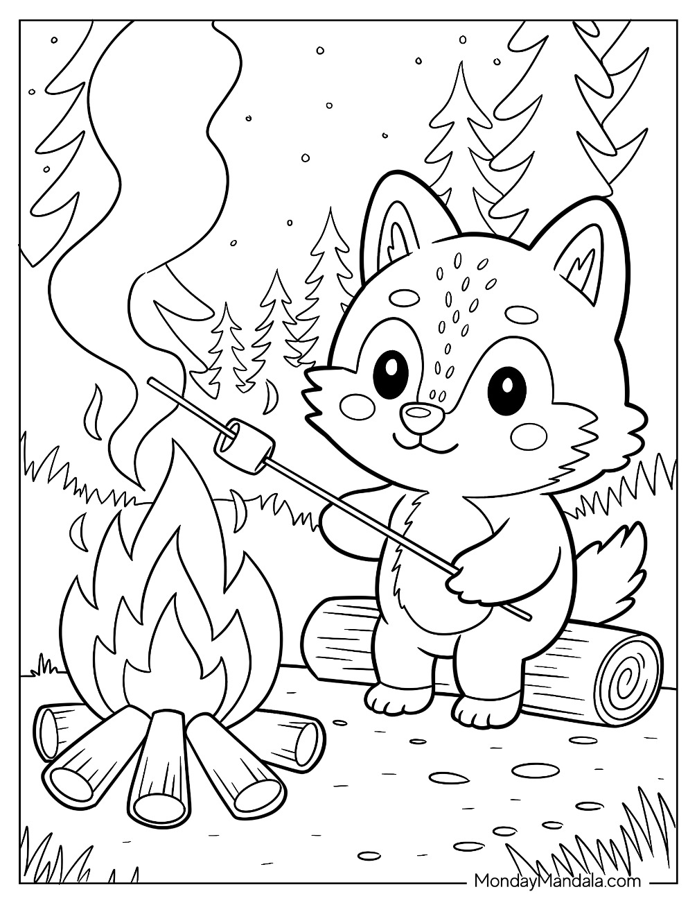 Cute Wolf Coloring Page Pup Sitting by Campfire Roasting Marshmallow for Preschoolers coloring page — printable line art