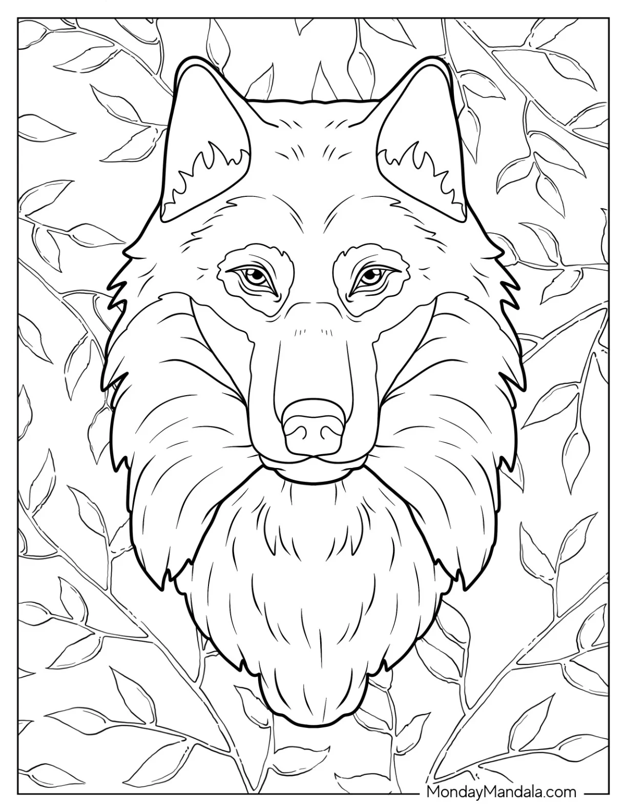 Detailed Head Of Wolf Coloring Page With Leafy Background coloring page