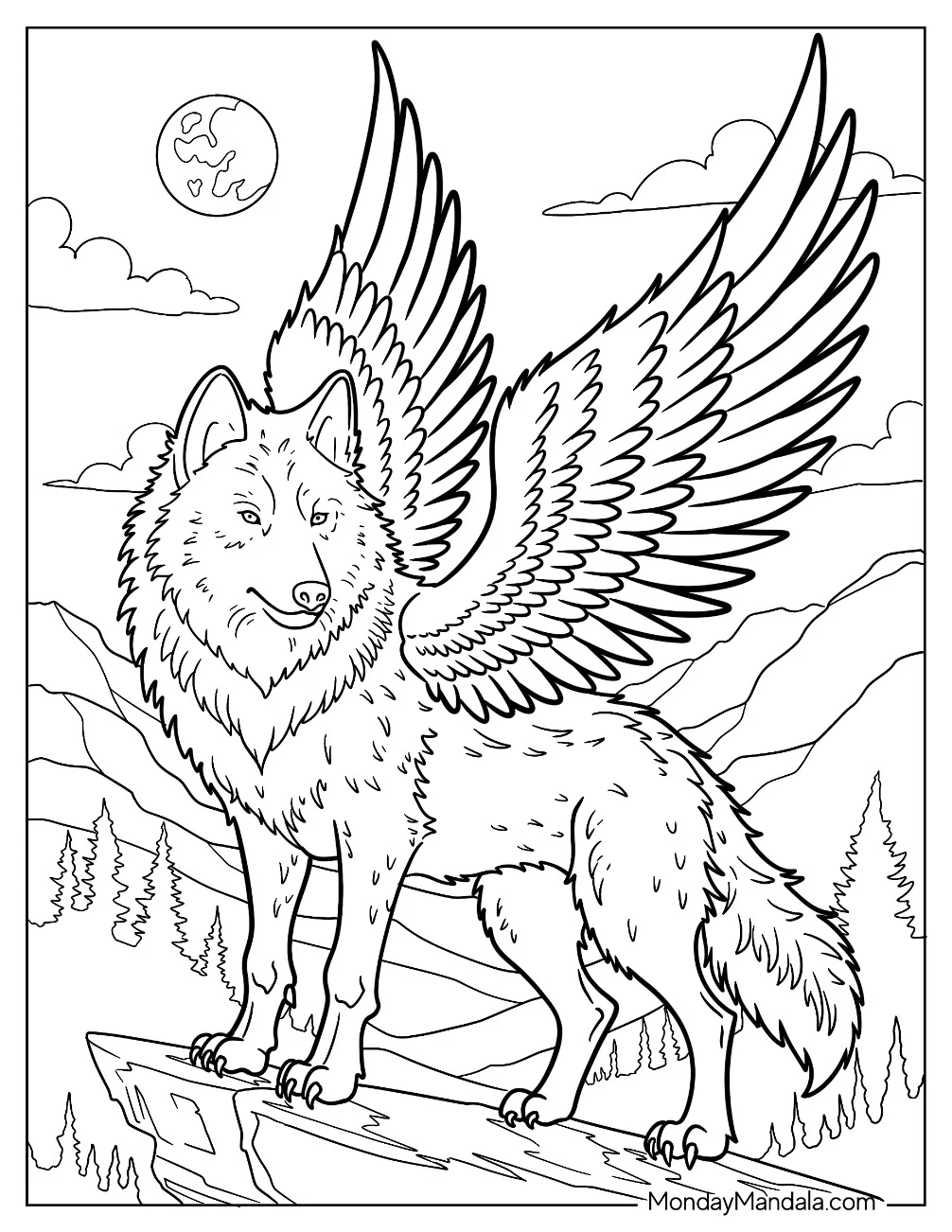 Fantasy Winged Wolf Coloring Page Standing on Cliff with Mountains and Moon coloring page — printable line art
