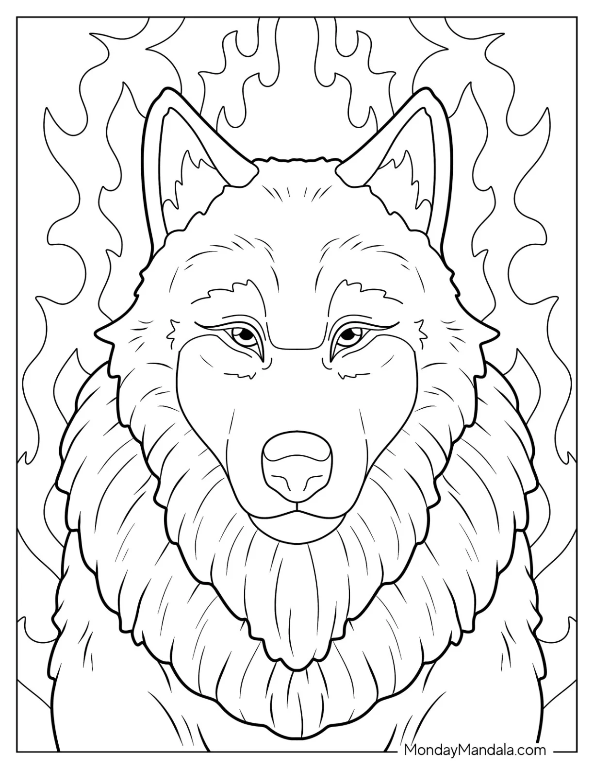 Fierce Adult Wolf Coloring Page With Flames coloring page