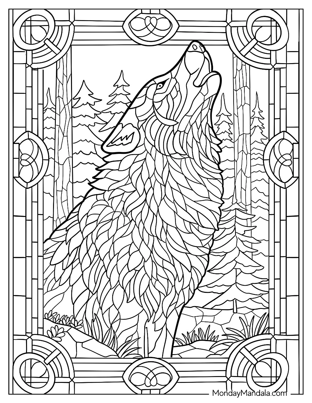 Howling Wolf Coloring Page in the Forest Stained Glass coloring page — printable line art