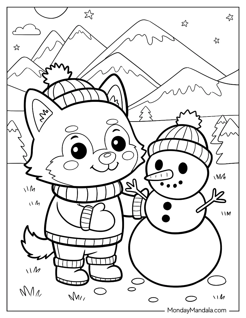 Kawaii Wolf Coloring Page Pup Building Snowman in Winter Mountains for Kids coloring page — printable line art