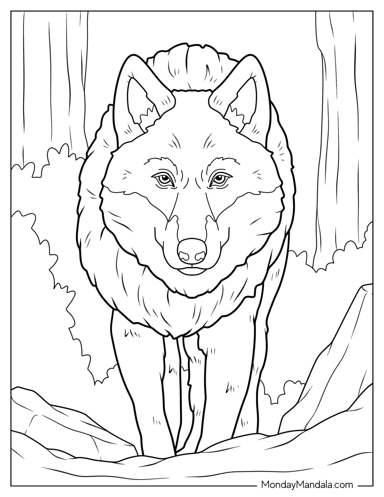 Large Wolf Coloring Page In Hunting Mode coloring page — printable line art