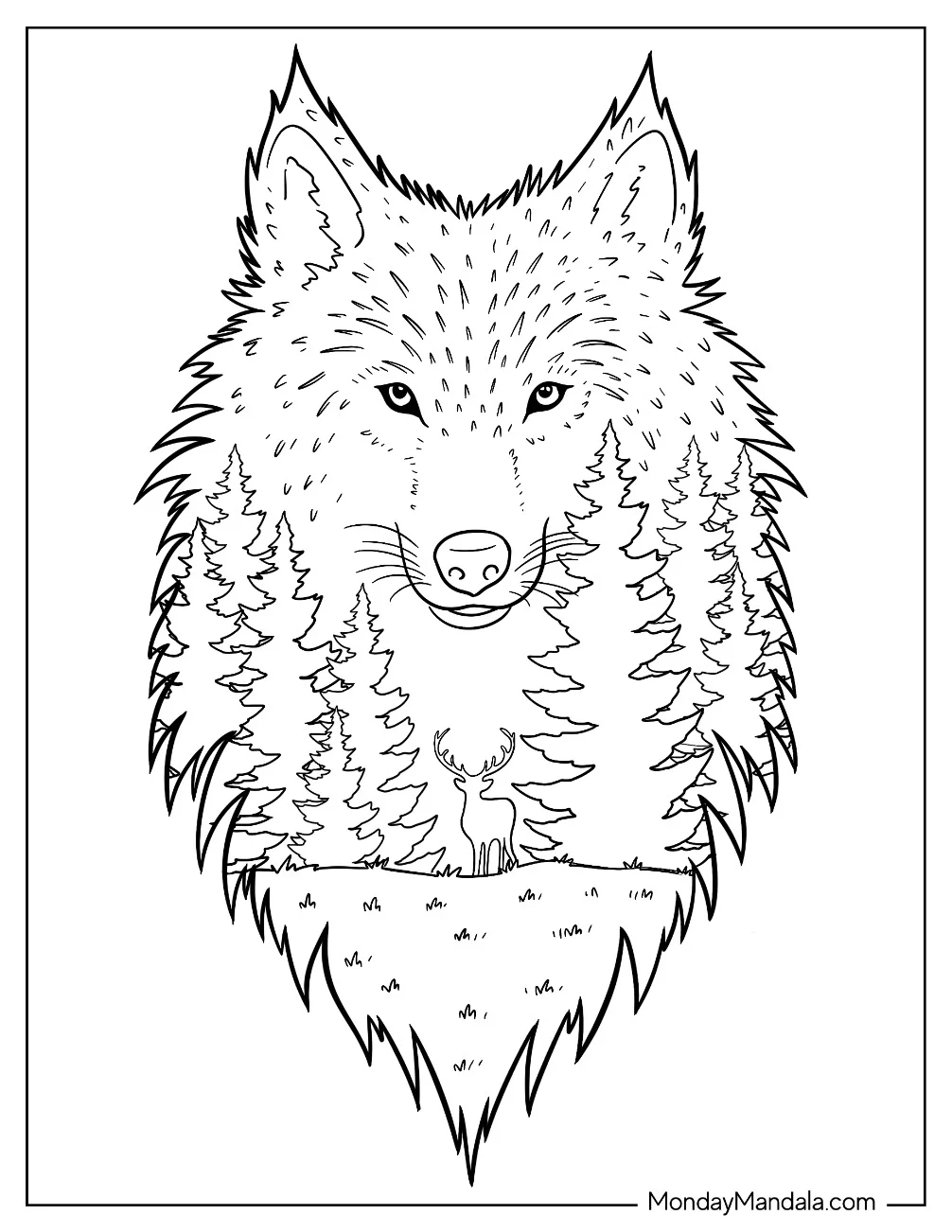 Majestic Wolf Coloring Page Portrait with Forest Landscape and Deer coloring page