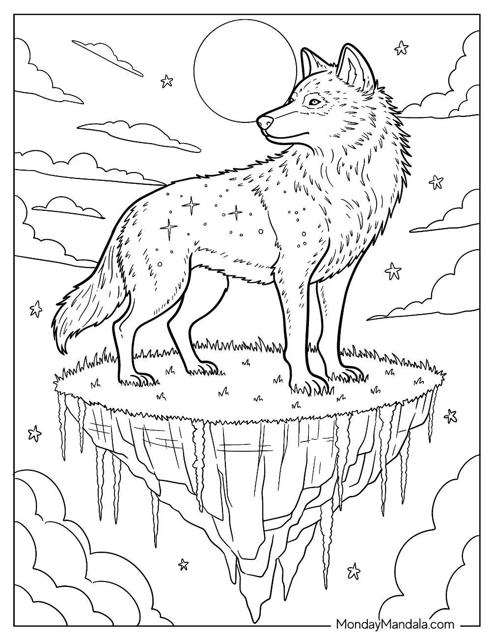 Mythical Wolf Coloring Page on Sky Island Surrounded by Clouds and Night Sky coloring page — printable line art