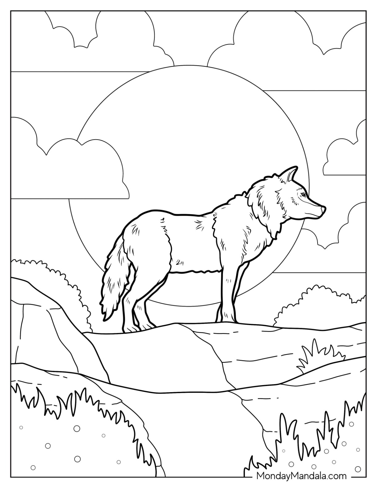 Realistic Big Wolf Coloring Page Standing In Front Of Full Moon coloring page — printable line art