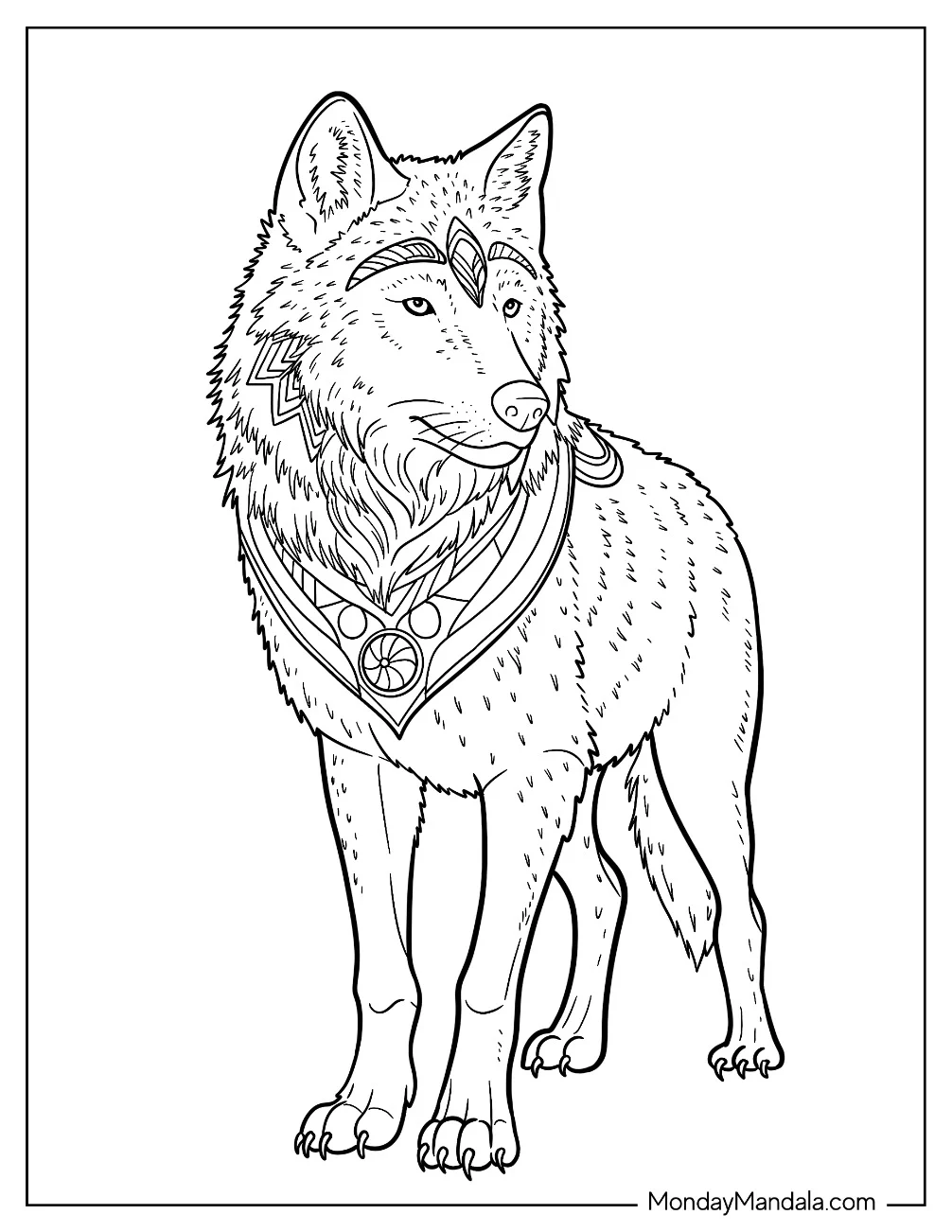 Regal Wolf Coloring Page with Jewelry and Decorative Markings coloring page