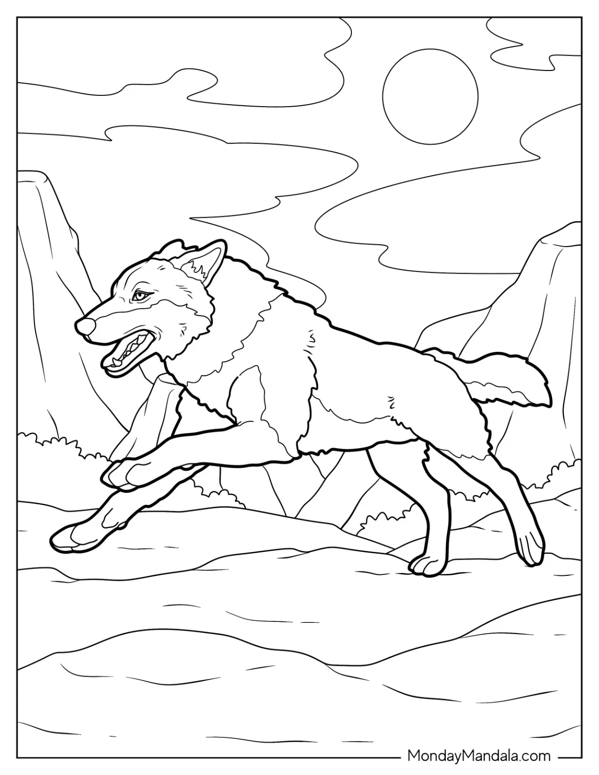 Running Wolf Coloring Page In Rocky Terrain coloring page