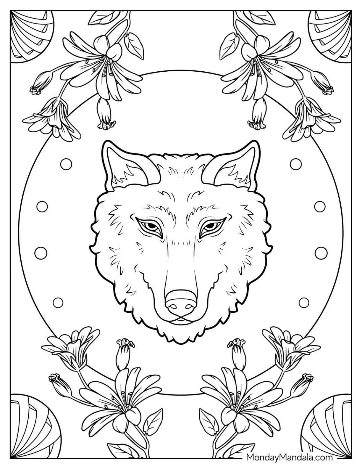 Simple Wolf Coloring Page Of Outline With Flowers coloring page