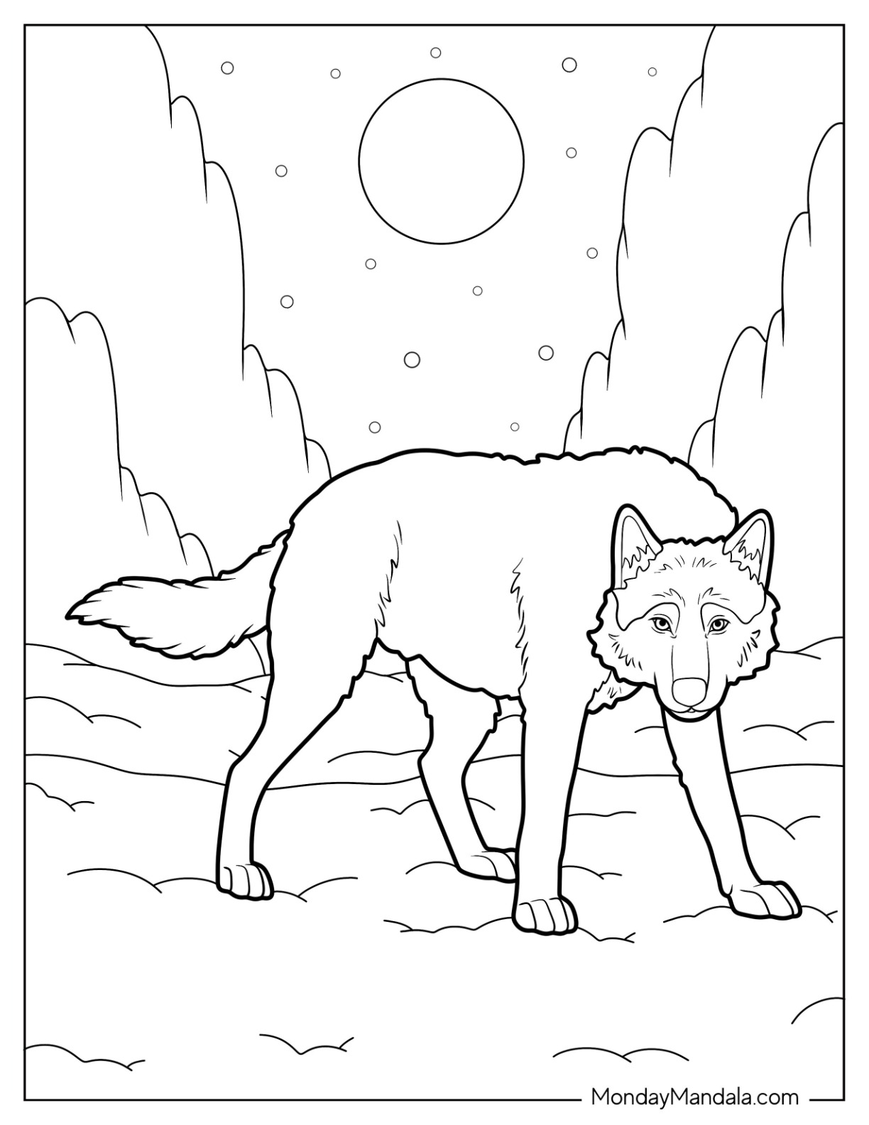 Simple Wolf Coloring Page Outline On A Full Moon For Kids coloring page