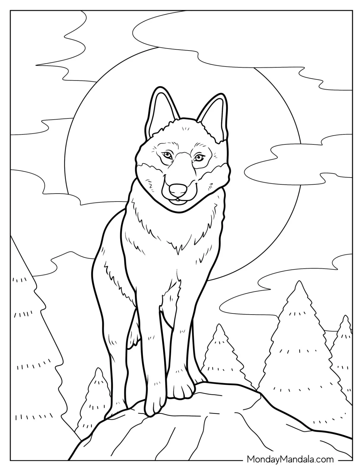 Simple Wolf Coloring Page Standing On Top Of Rock coloring page