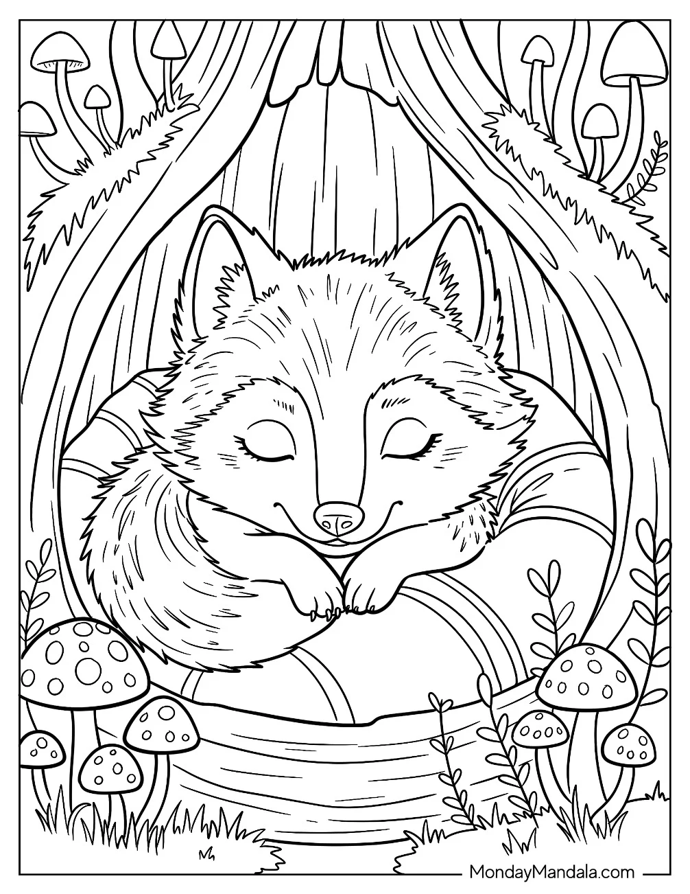 Sleeping Wolf Coloring Page Pup Resting Inside Tree Hollow with Mushrooms for Kids coloring page — printable line art