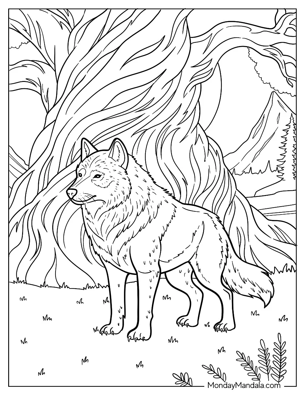 Wild Wolf Coloring Page in Grassy Field with Massive Tree coloring page