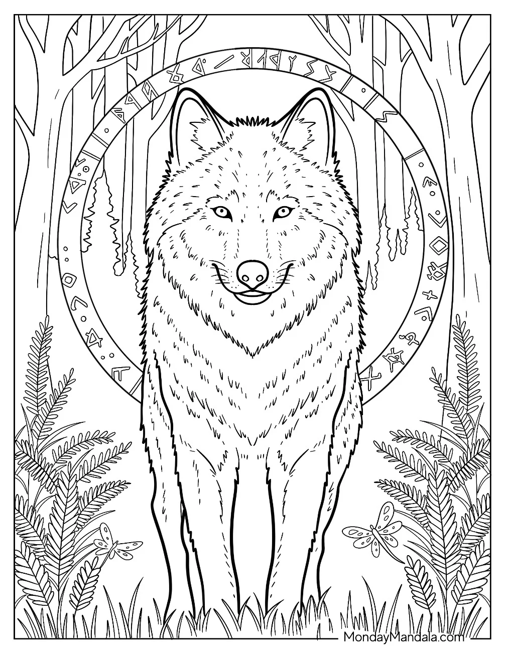 Wild Wolf Coloring Page with Rune Circle in Woodland coloring page — printable line art