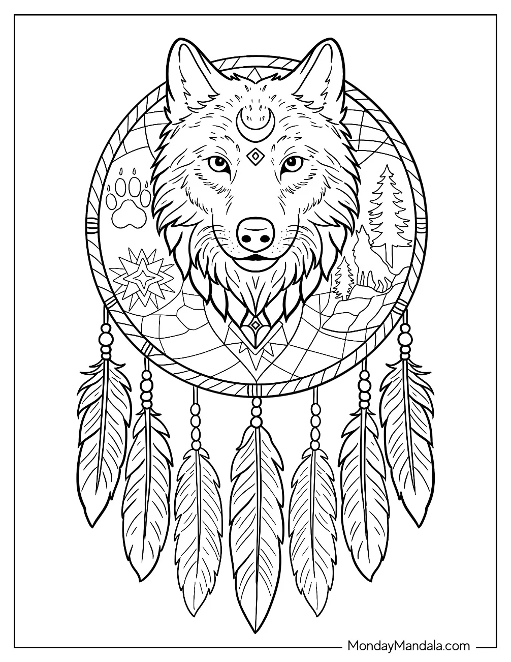 Wolf Coloring Page Head Inside Dreamcatcher with Feathers and Symbols coloring page