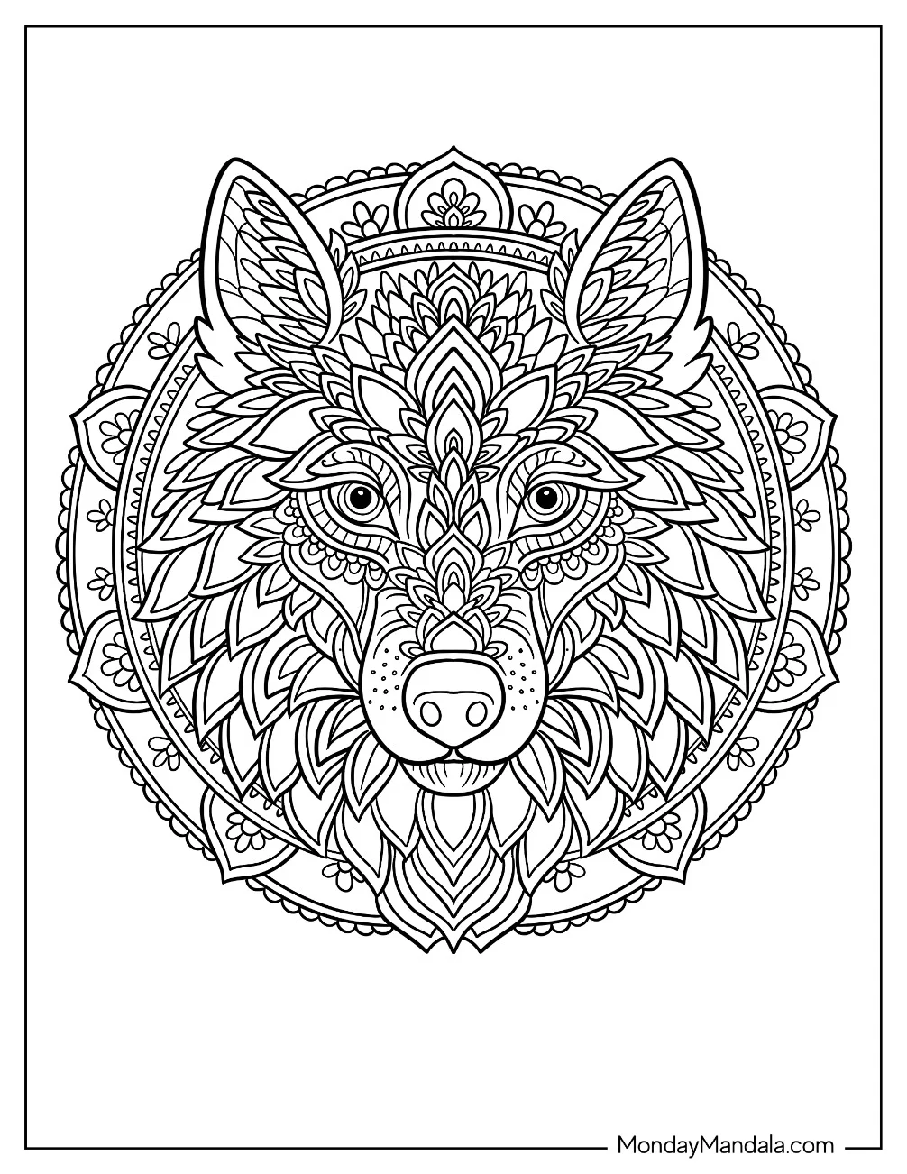 Wolf Coloring Page Head Mandala with Geometric and Floral Patterns coloring page