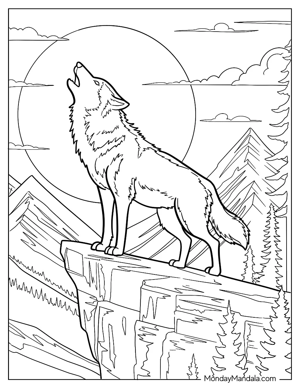 Wolf Coloring Page Howling at Moon on Rocky Ledge with Pine Trees coloring page — printable line art
