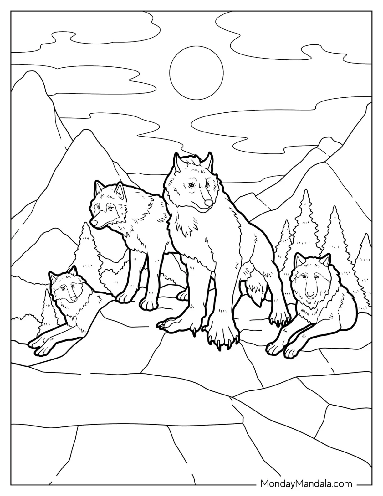 Wolf Coloring Page Of Pack Resting On Rock coloring page