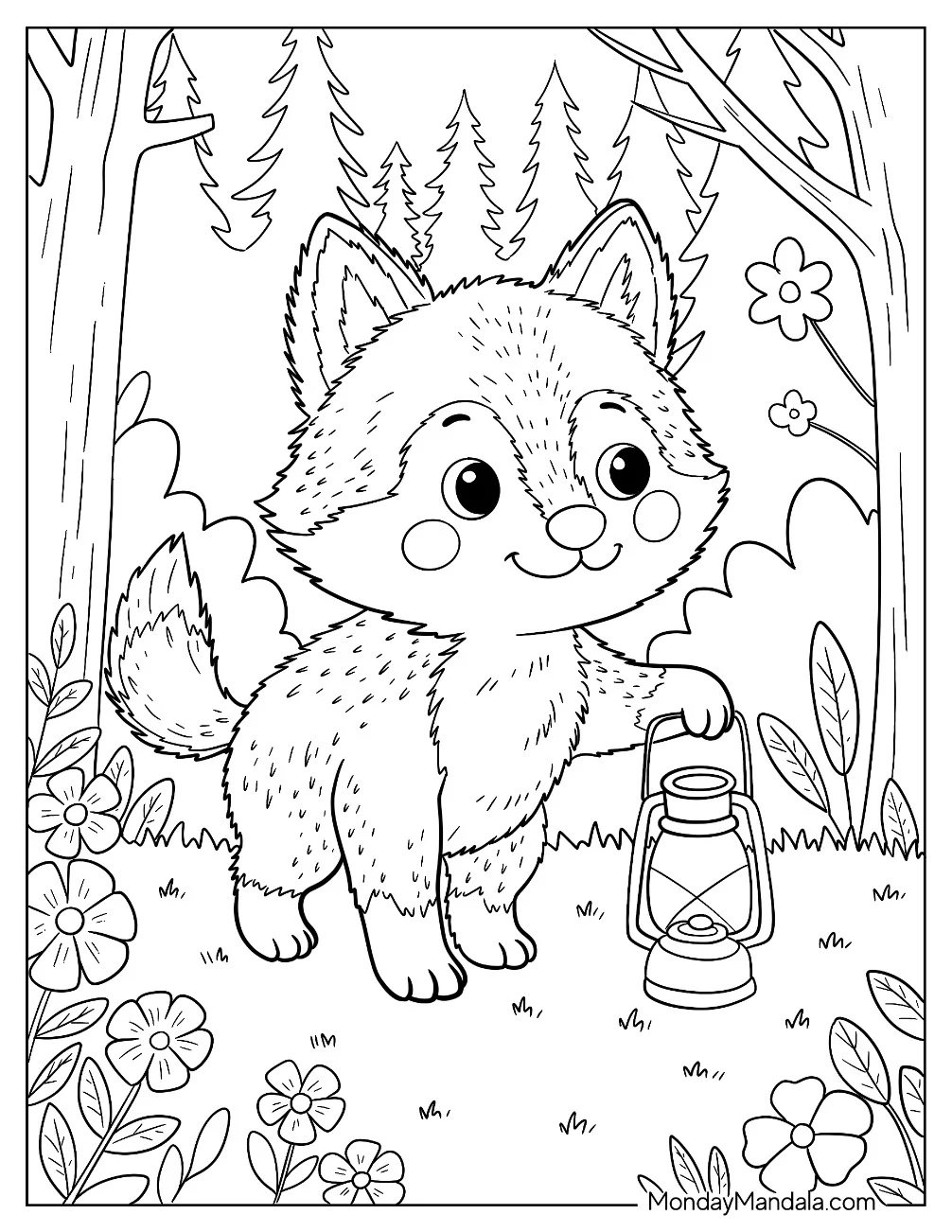 Wolf Coloring Page Pup Walking Through Forest Trail While Carrying a Lantern coloring page — printable line art
